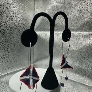 Geometric Warped Square Miyuki Beaded custom Earrings - Red, White, and Blue
